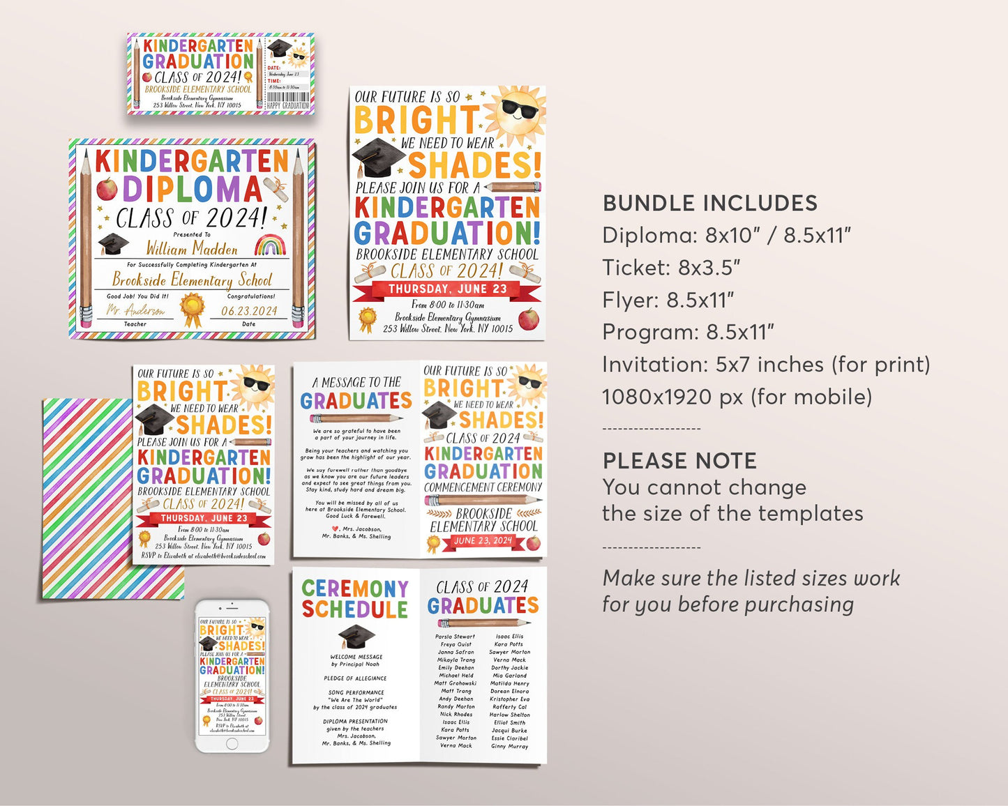 Kindergarten Graduation Ceremony BUNDLE Editable Template, Class Graduation Program, Future Is So Bright Announcement Invitation Invite