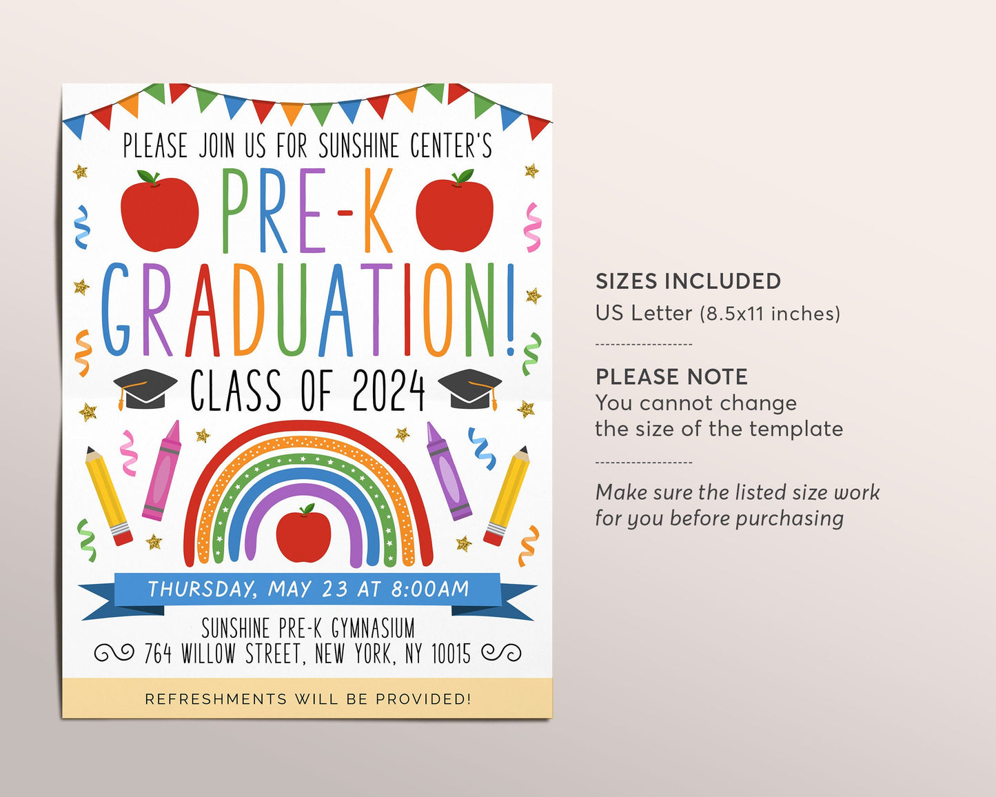 Pre-K Graduation Invitation Flyer Editable Template, PreK Kindergarten Class Graduation Announcement, Graduation Ceremony Invite Evite