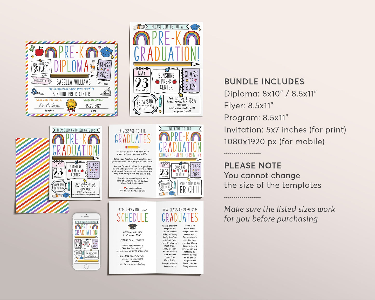 Pre-K Graduation Ceremony BUNDLE Editable Template, Preschool Kindergarten Class Graduation Certificate, Graduation Invitation Invite Evite