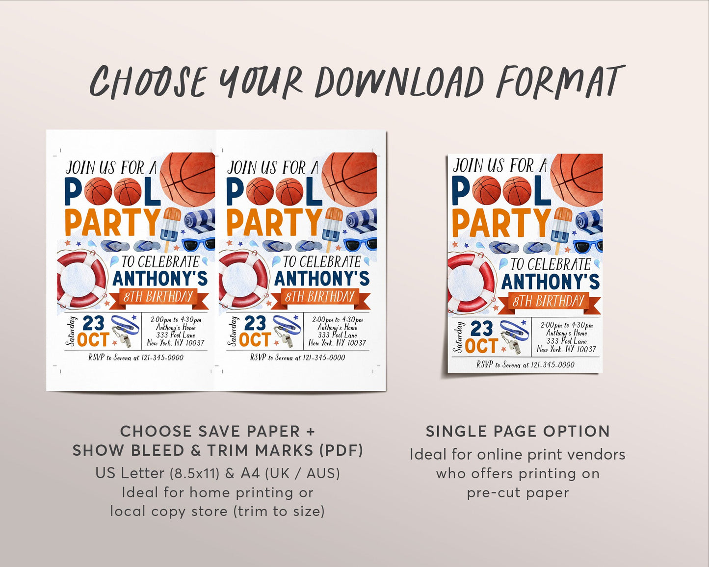 Basketball Pool Party Birthday Invitation Editable Template, Summer Sports Basketball Backyard Summer Party Invite, Boy Swimming Pool Evite