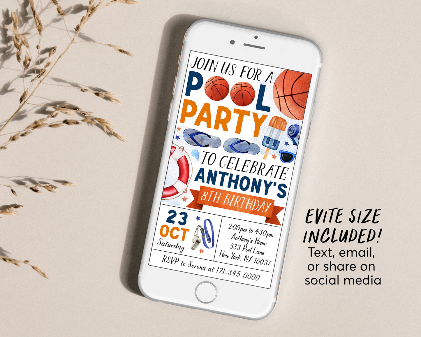 Basketball Pool Party Birthday Invitation Editable Template, Summer Sports Basketball Backyard Summer Party Invite, Boy Swimming Pool Evite