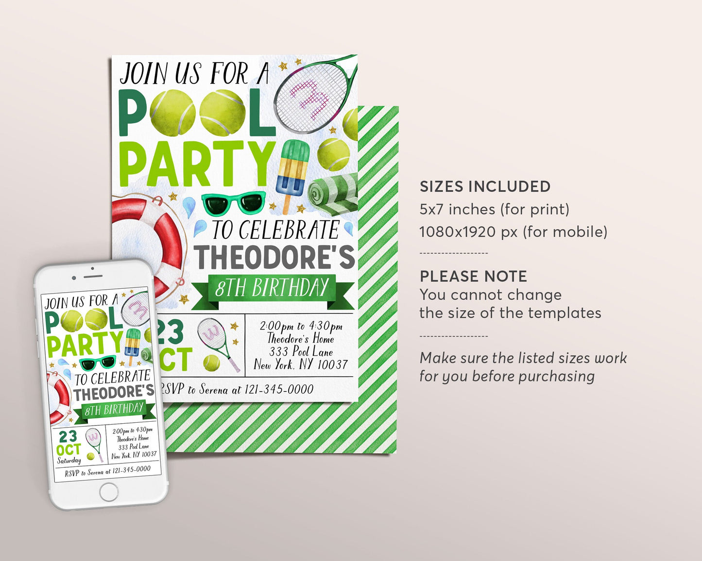 Tennis Pool Party Birthday Invitation Editable Template, Summer Sports Basketball Backyard Summer Party Invite, Boy Swimming Pool Evite