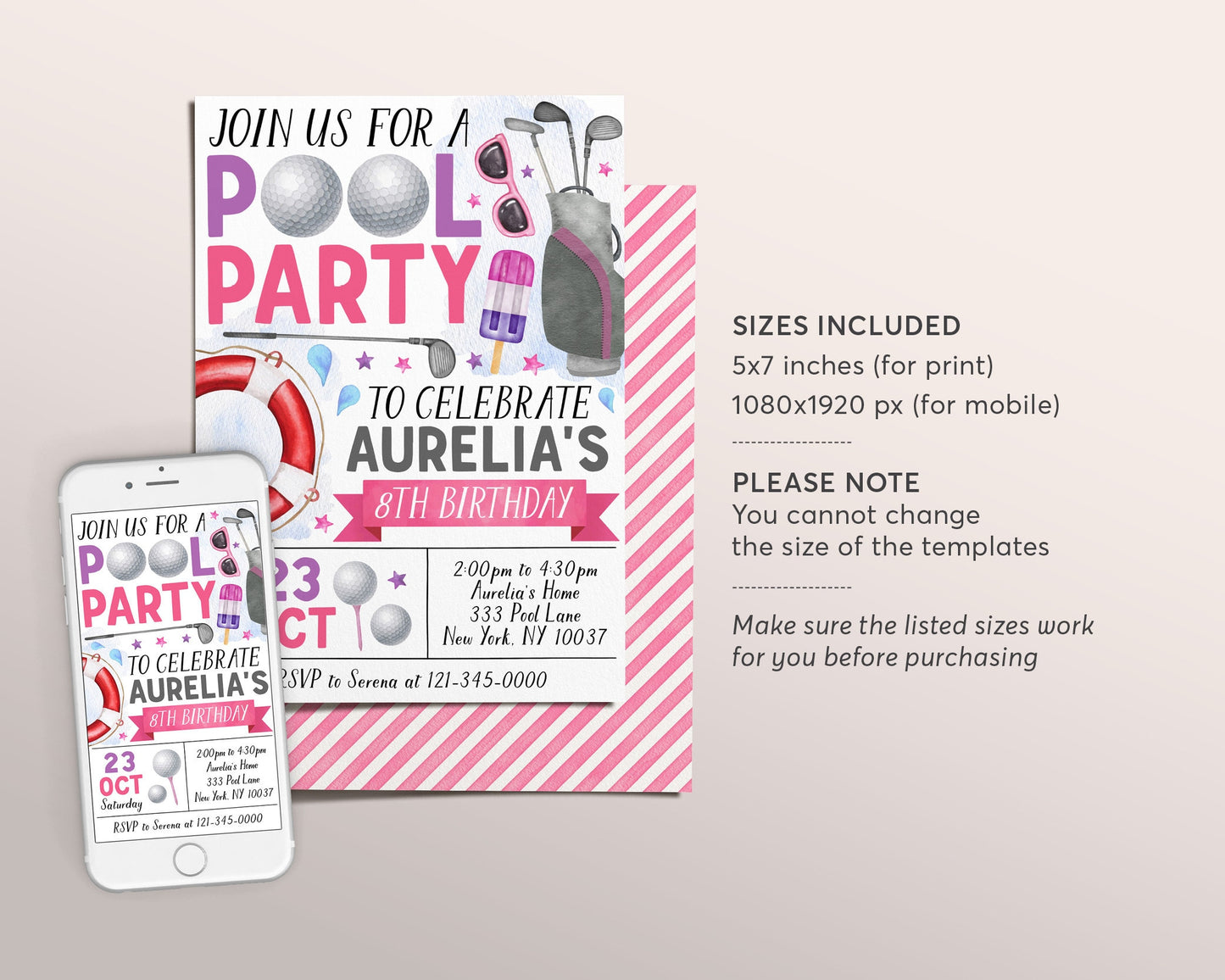 Golf Pool Party Birthday Invitation Editable Template, Summer Sports Basketball Backyard Summer Party Invite, Girl Swimming Pool Evite