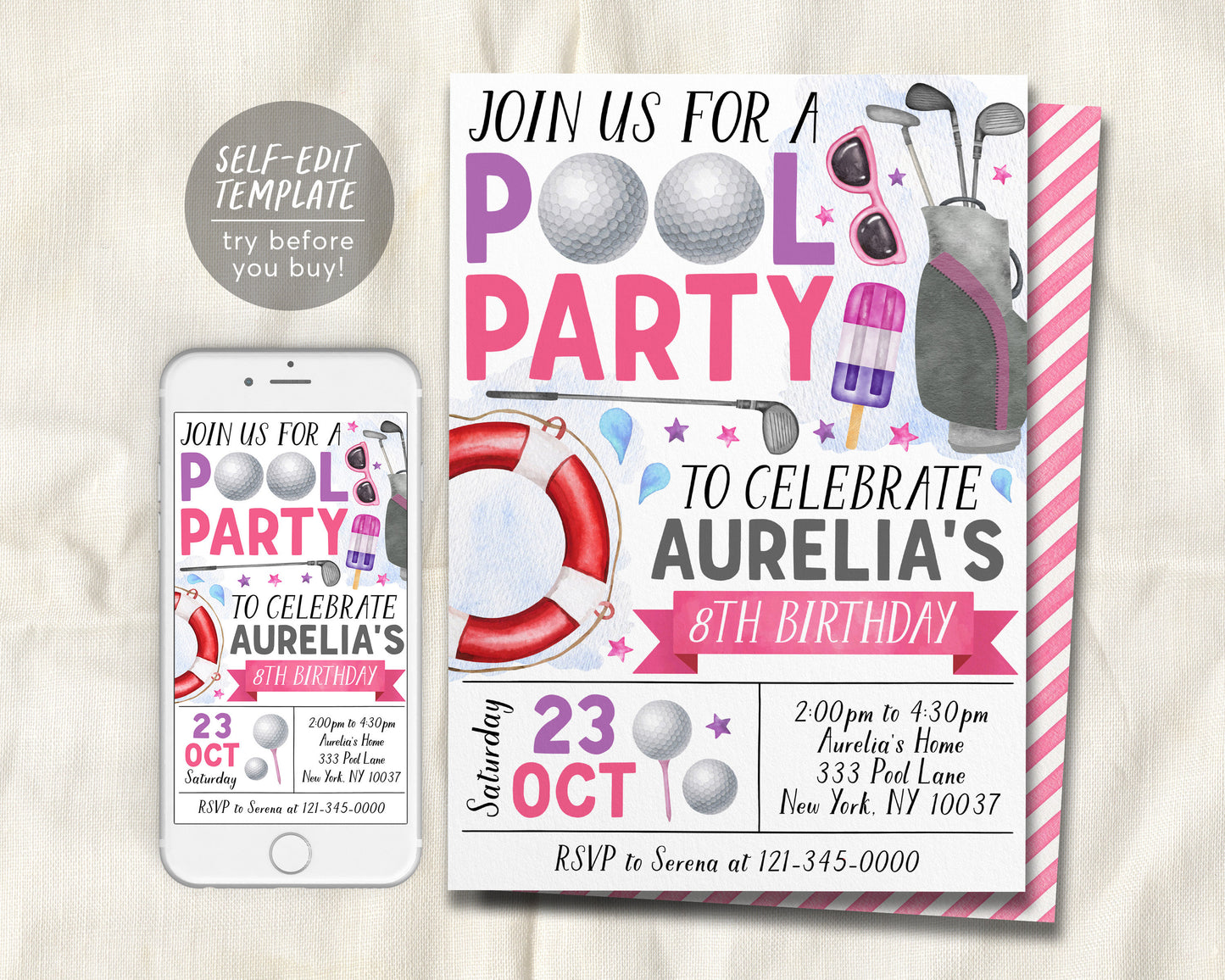 Golf Pool Party Birthday Invitation Editable Template