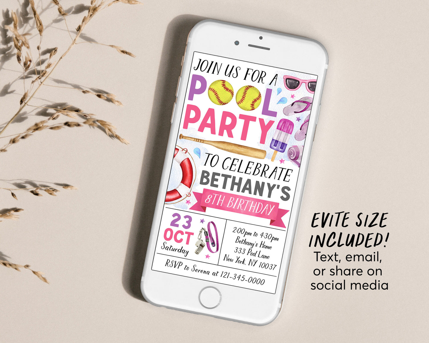 Softball Pool Party Birthday Invitation Editable Template, Summer Sports Softball Backyard Summer Party Invite, Girl Swimming Pool Evite