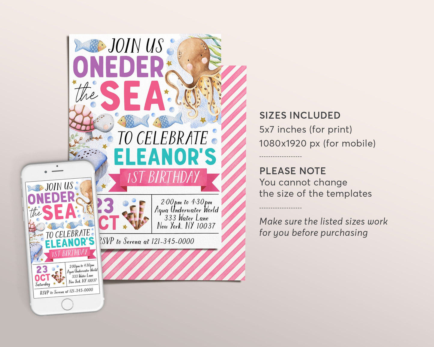 Oneder The Sea First Birthday Invitation Editable Template, Girl Pink Under The Sea 1st Birthday Party Invite, Aquarium Trip Sea Evite