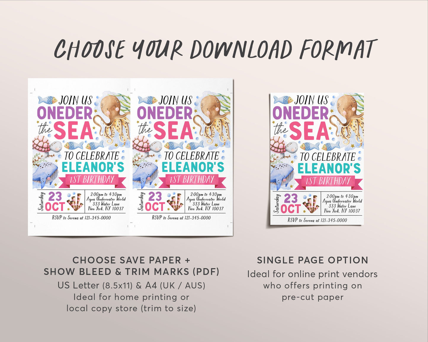 Oneder The Sea First Birthday Invitation Editable Template, Girl Pink Under The Sea 1st Birthday Party Invite, Aquarium Trip Sea Evite