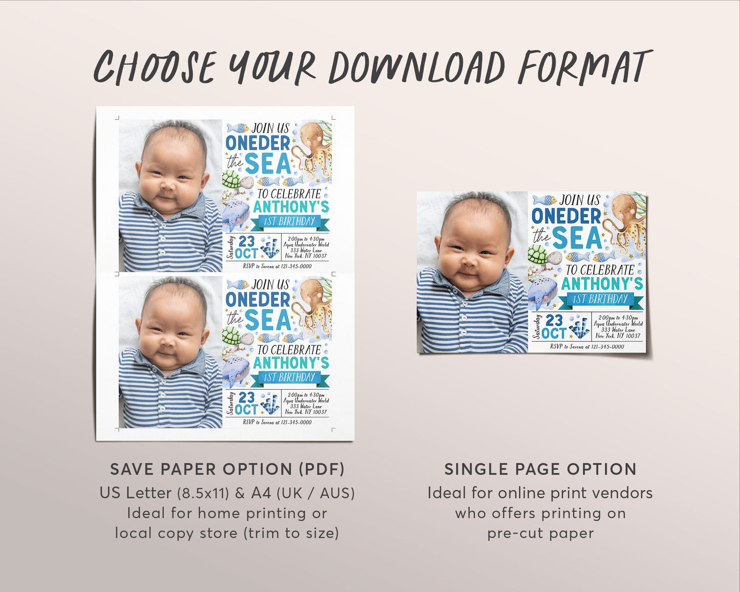 Oneder The Sea First Birthday Invitation With Photo Editable Template, Unisex Under The Sea 1st Birthday Party Invite, Aquarium Trip Evite