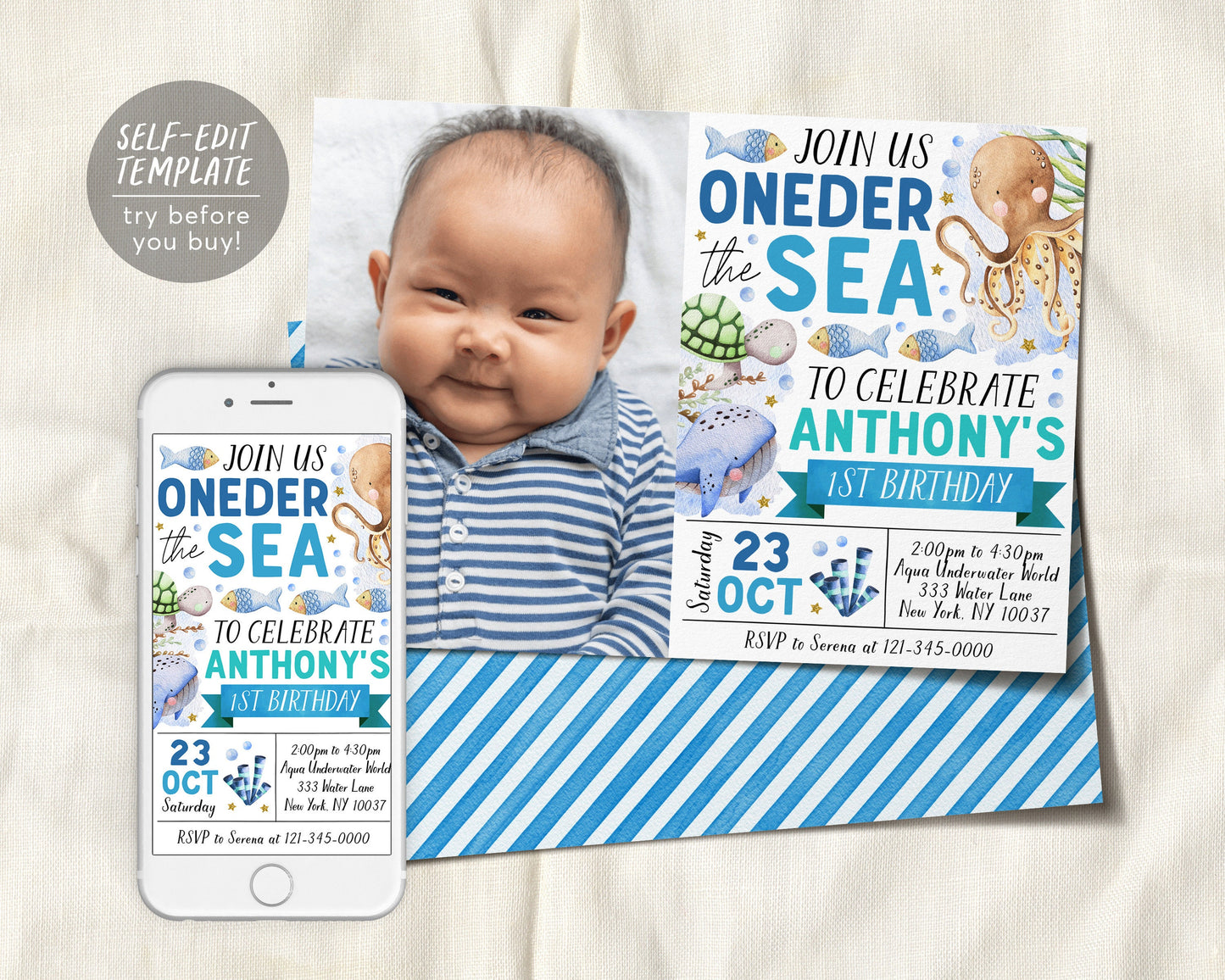 Oneder The Sea First Birthday Invitation With Photo Editable Template