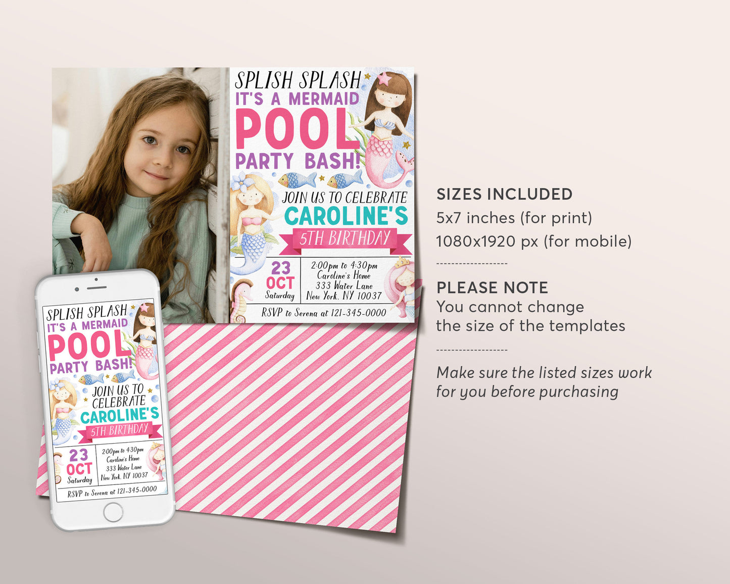 Mermaid Pool Party Birthday Invitation With Photo Editable Template, Under The Sea Mermaid Party Invite, Ocean Sea Life Underwater Evite