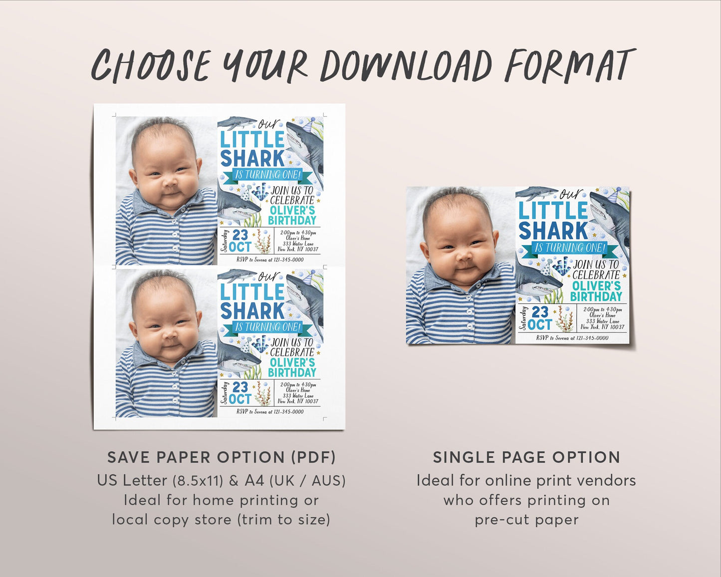 Little Shark First Birthday Invitation With Photo Editable Template, Shark Attack 1st Birthday Party Invite, Under The Sea Pool Party Evite
