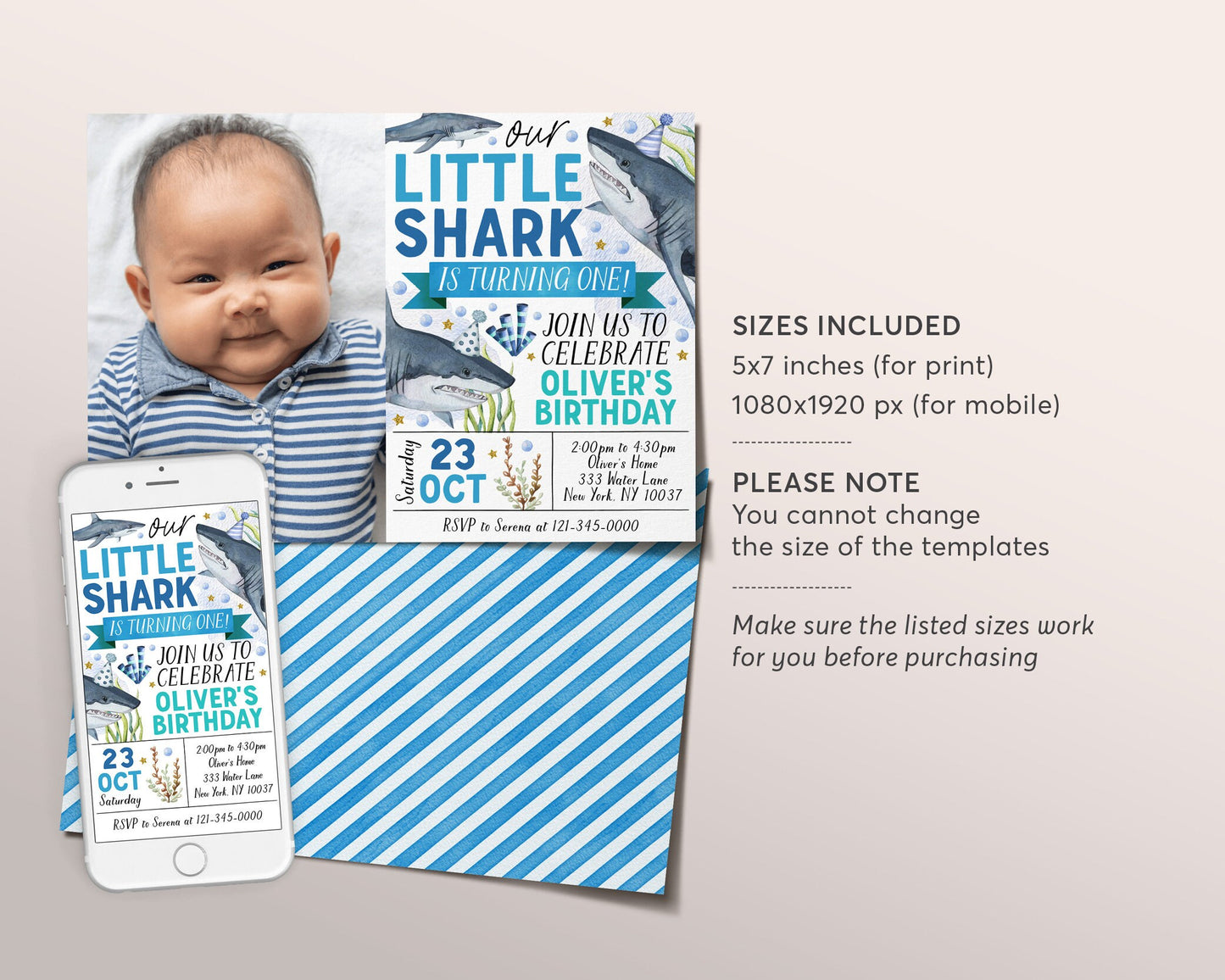Little Shark First Birthday Invitation With Photo Editable Template, Shark Attack 1st Birthday Party Invite, Under The Sea Pool Party Evite