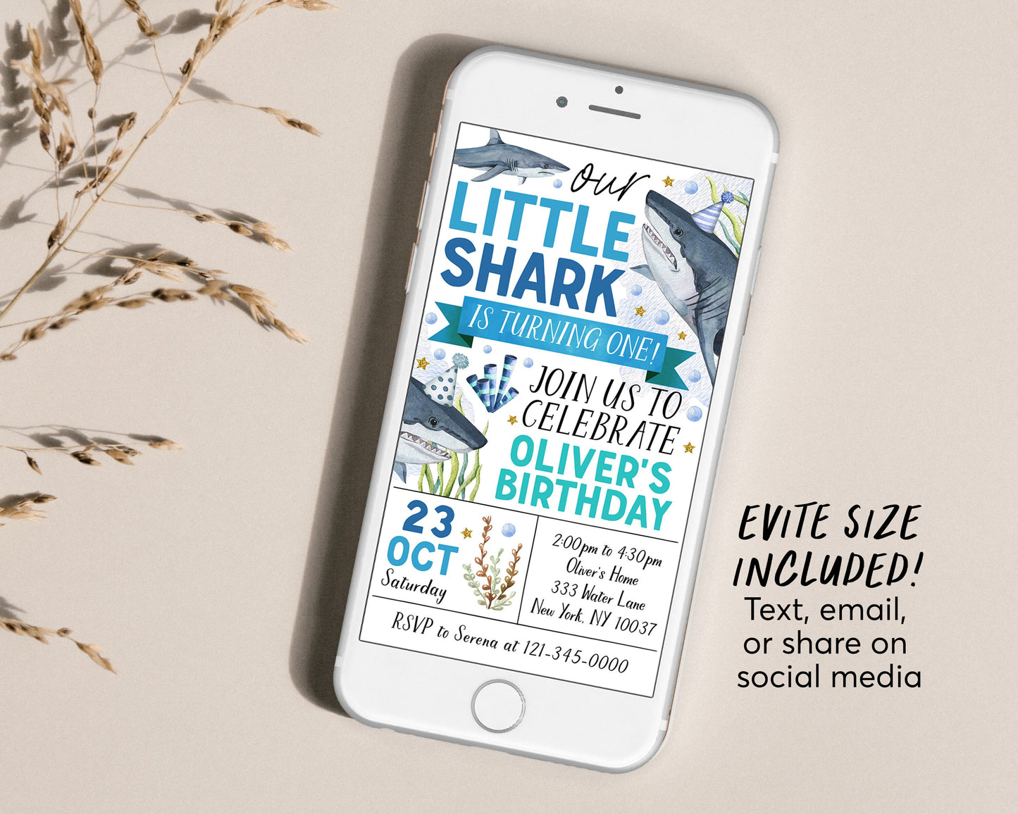 Little Shark First Birthday Invitation With Photo Editable Template, Shark Attack 1st Birthday Party Invite, Under The Sea Pool Party Evite