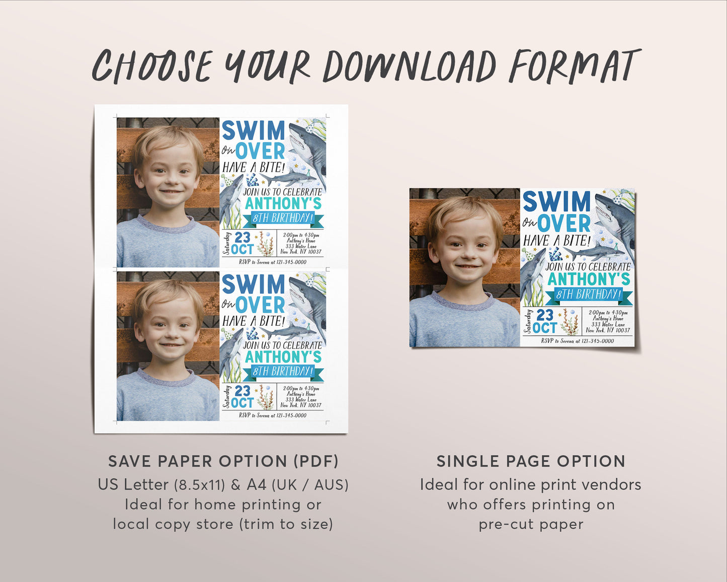 Shark Birthday Invitation With Photo Editable Template, Shark Attack Underwater Party Invite, Aquarium Trip Under The Sea Pool Party Evite