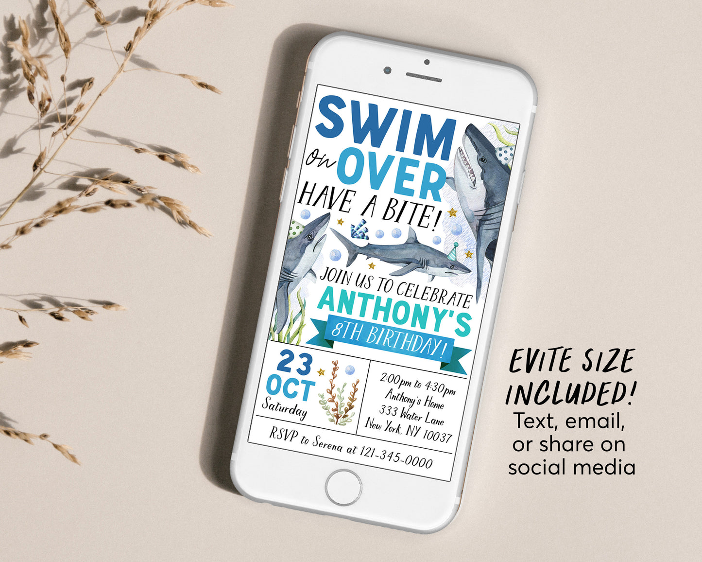 Shark Birthday Invitation With Photo Editable Template, Shark Attack Underwater Party Invite, Aquarium Trip Under The Sea Pool Party Evite
