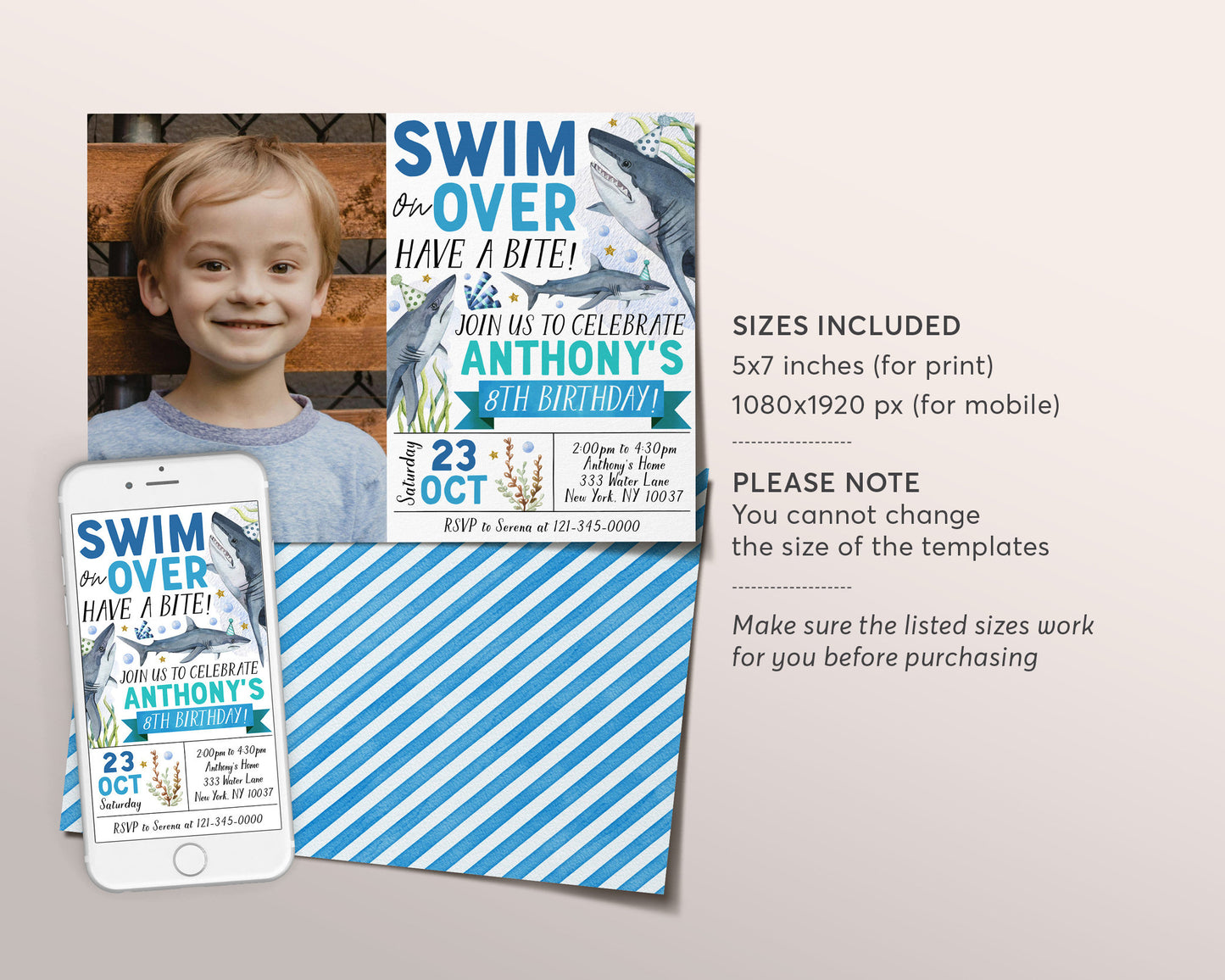 Shark Birthday Invitation With Photo Editable Template, Shark Attack Underwater Party Invite, Aquarium Trip Under The Sea Pool Party Evite