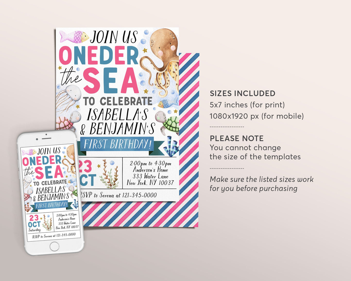 Oneder The Sea Twins First Birthday Invitation Editable Template, Siblings One-der The Sea Joint 1st Birthday Party Invite, Under The Sea