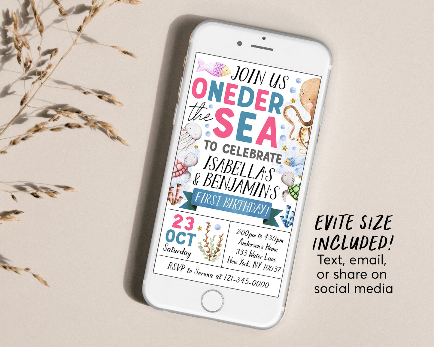Oneder The Sea Twins First Birthday Invitation Editable Template, Siblings One-der The Sea Joint 1st Birthday Party Invite, Under The Sea