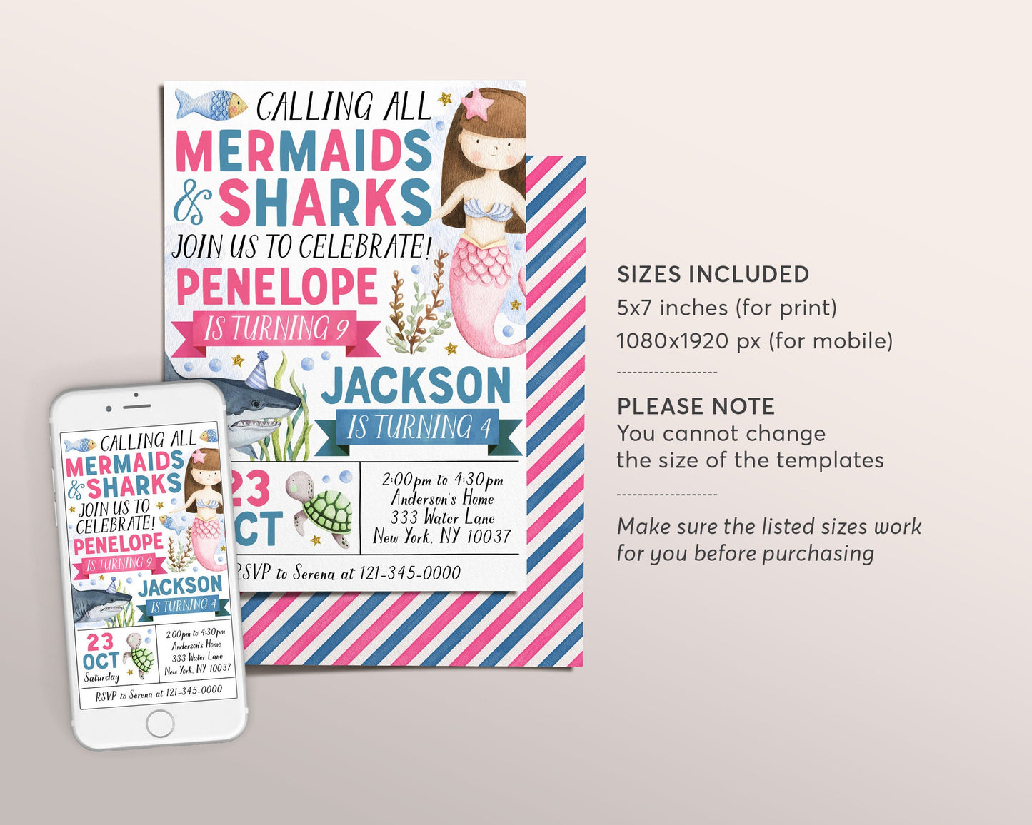 Mermaids and Sharks Joint Siblings Birthday Invitation Editable Template, Girl And Boy Mermaid and Shark Theme Party Invite, Under The Sea
