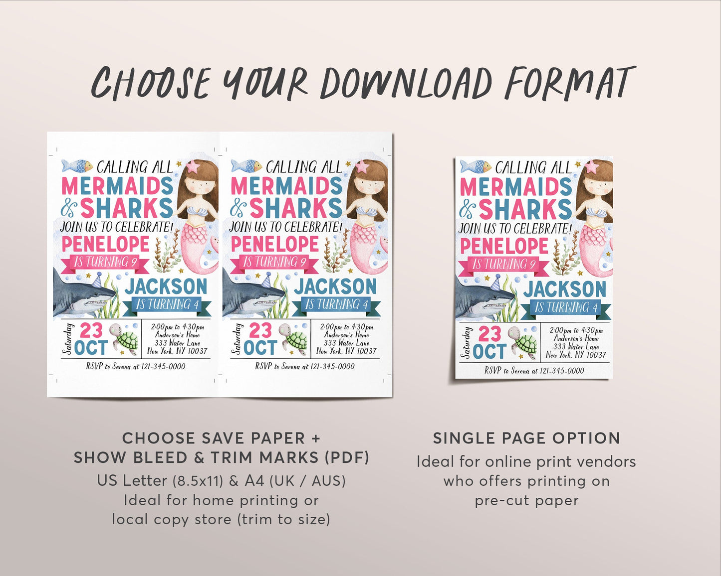 Mermaids and Sharks Joint Siblings Birthday Invitation Editable Template, Girl And Boy Mermaid and Shark Theme Party Invite, Under The Sea