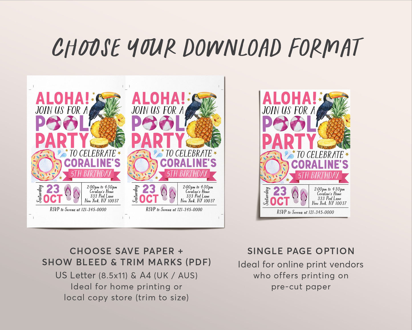 Aloha Tropical Pool Party Birthday Invitation Editable Template, Summer Hawaiian Themed Swimming Party Invite, Girl Hawaii Pineapple Evite