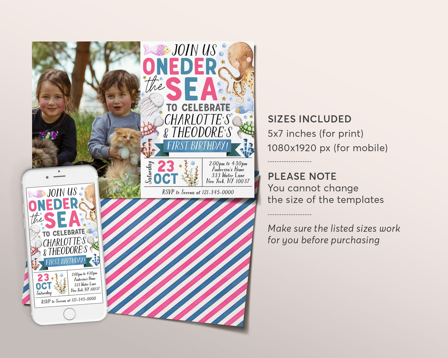 Oneder The Sea Twins First Birthday Invitation With Photo Editable Template, Siblings One-der The Sea Joint Party Invite, Under The Sea