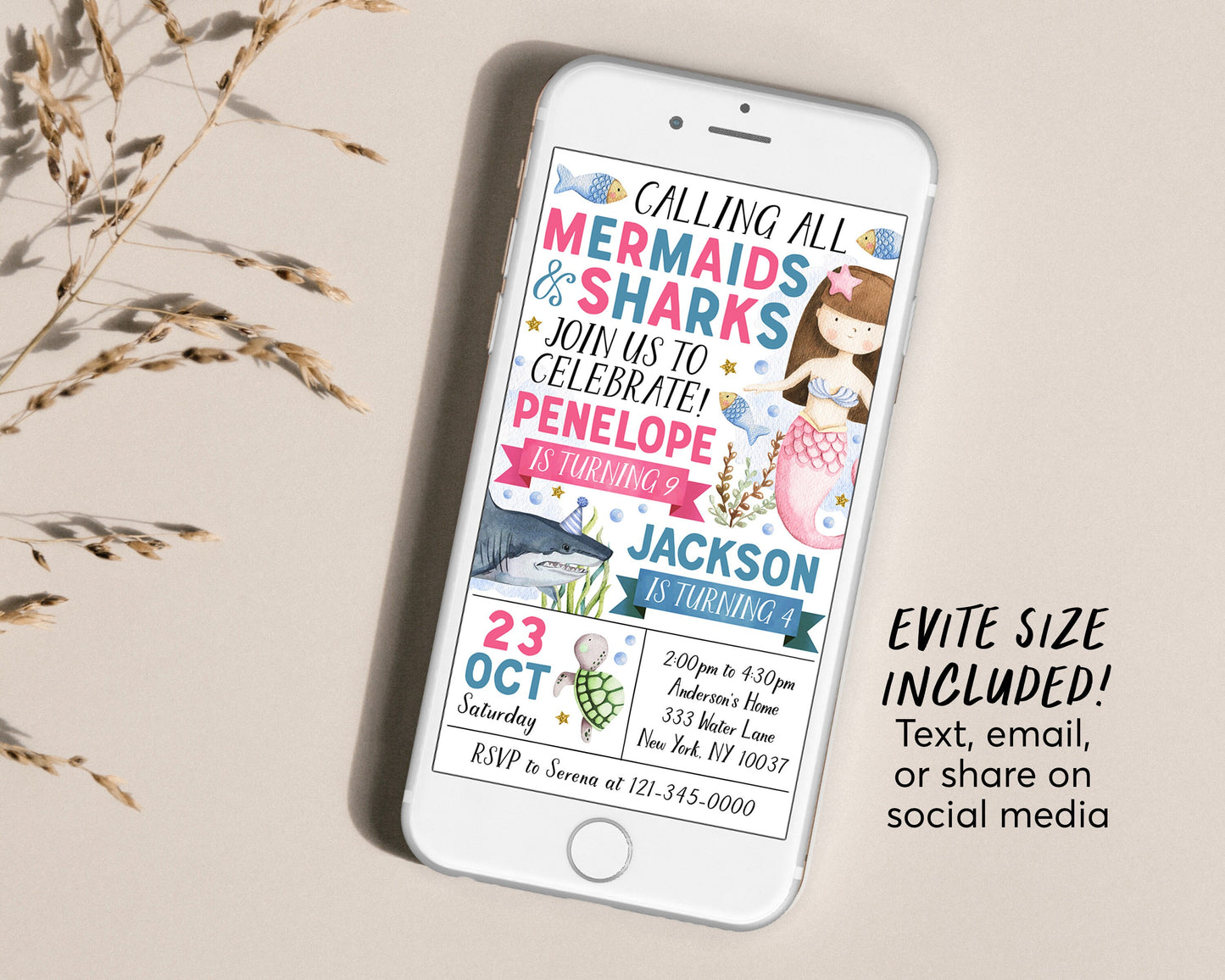 Mermaids and Sharks Joint Siblings Birthday Invitation With Photo Editable Template, Girl And Boy Mermaid and Shark Theme Party Invite