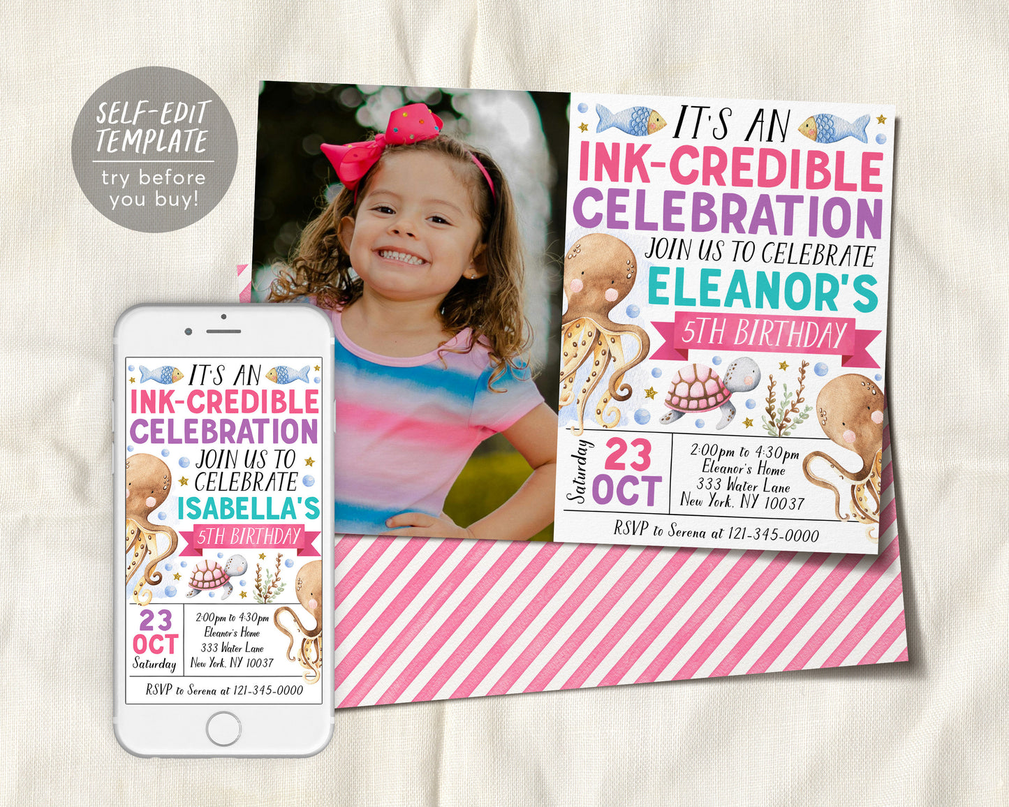 Octopus Birthday Invitation With Photo Editable Template