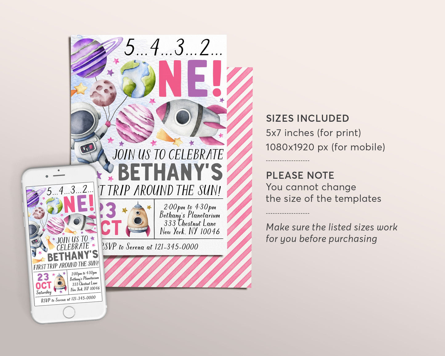 Outer Space First Birthday Invitation Editable Template, Girl First Trip Around the Sun Party Invite, Astronaut Rocket Ship Planets Evite