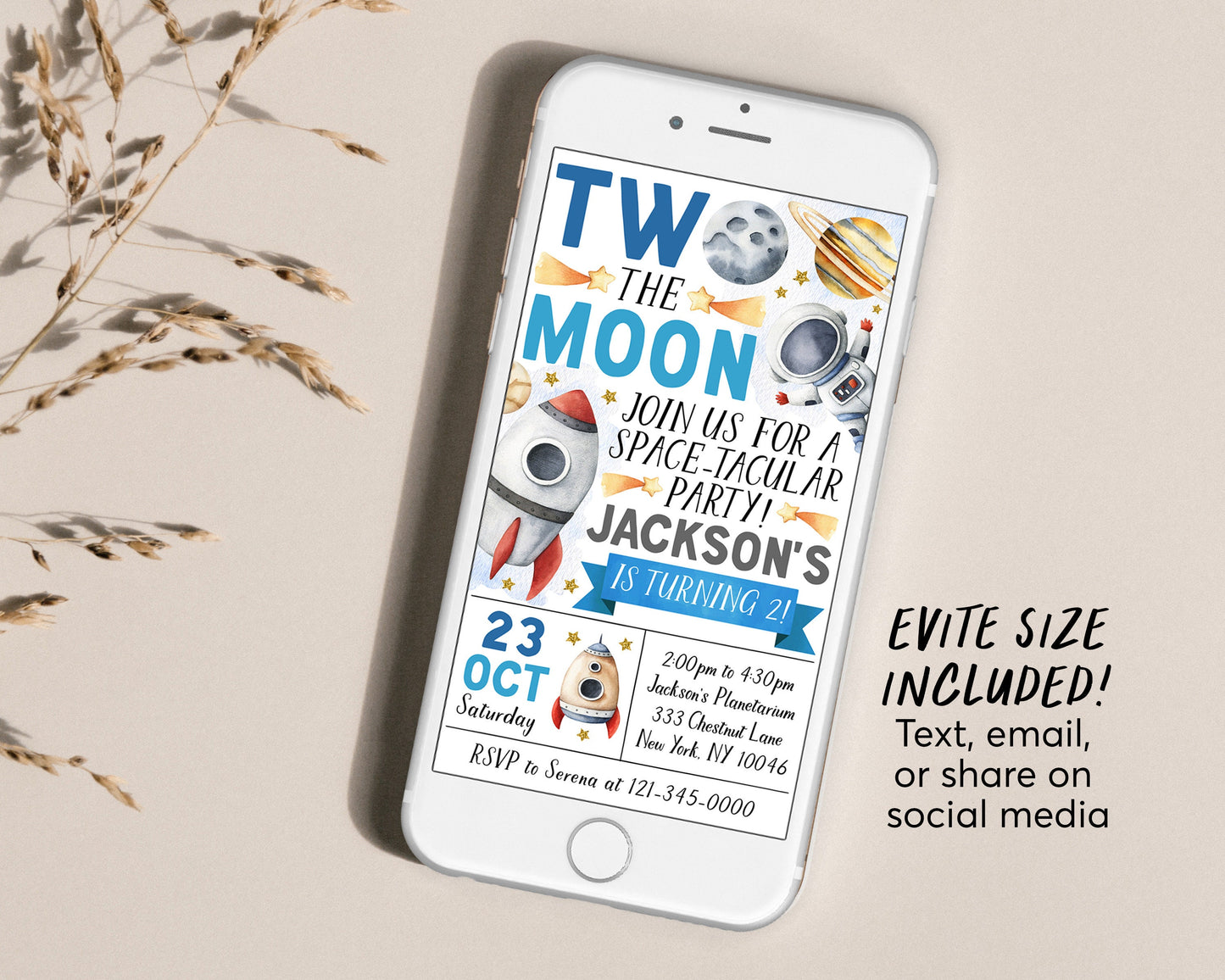 Outer Space Second Birthday Invitation Editable Template, Boy Two the Moon 2nd Birthday Party Invite, Astronaut Rocket Ship Planets Evite