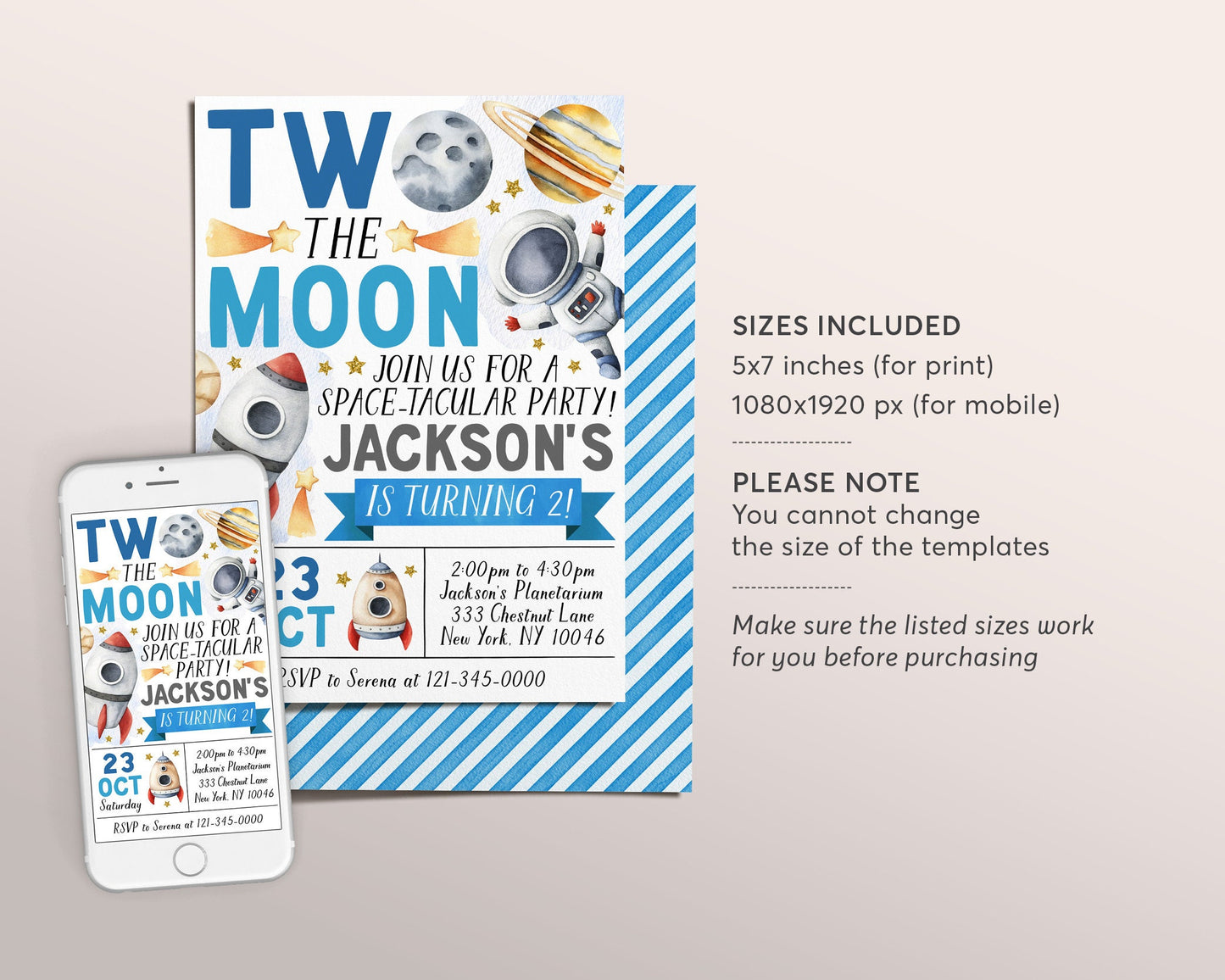 Outer Space Second Birthday Invitation Editable Template, Boy Two the Moon 2nd Birthday Party Invite, Astronaut Rocket Ship Planets Evite