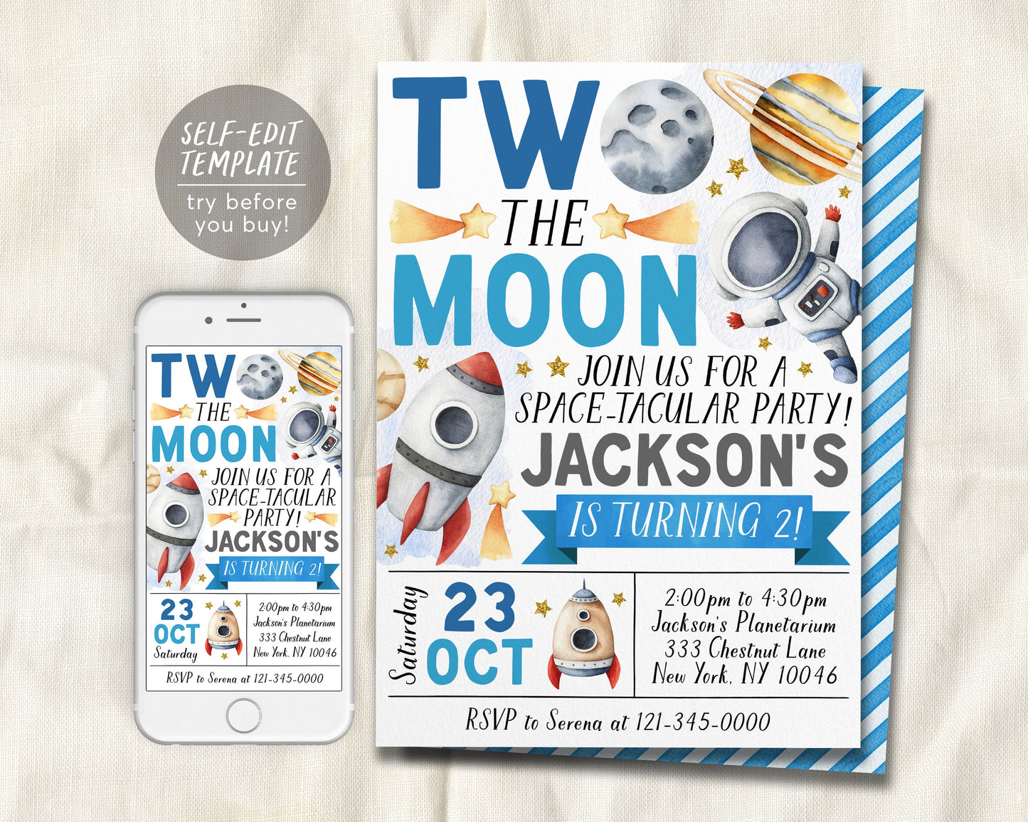 Outer Space Second Birthday Invitation Editable Template