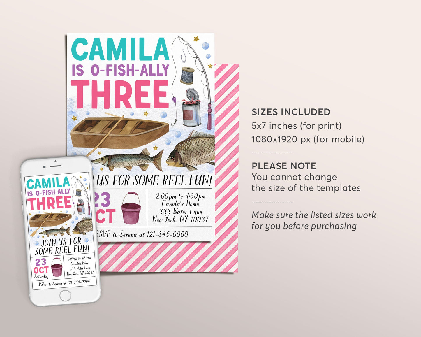 Fishing 3rd Birthday Invitation Editable Template, Girl O Fish Ally Third Birthday Party Invite, ANY AGE Ofishally Fly Fishing Reel Evite