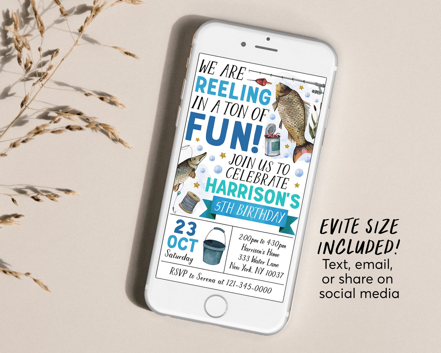 Fishing Birthday Invitation Editable Template, Boy Reeling In A Ton Of Fun Birthday Party Invite, ANY AGE Fish Party Fishing Reel Evite