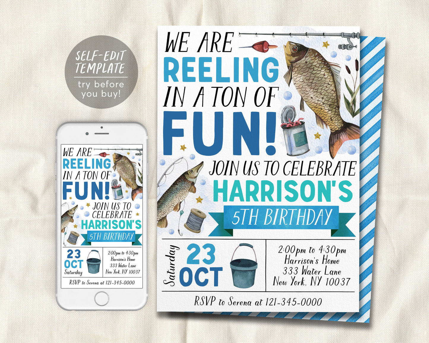 Fishing Birthday Invitation Editable Template