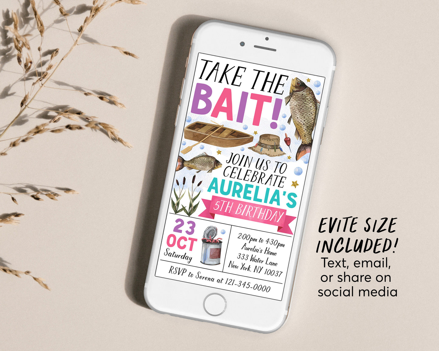 Fishing Birthday Invitation Editable Template, Girl Take The Bait Birthday Party Invite, ANY AGE Fish Party Fishing Reel Evite Printable