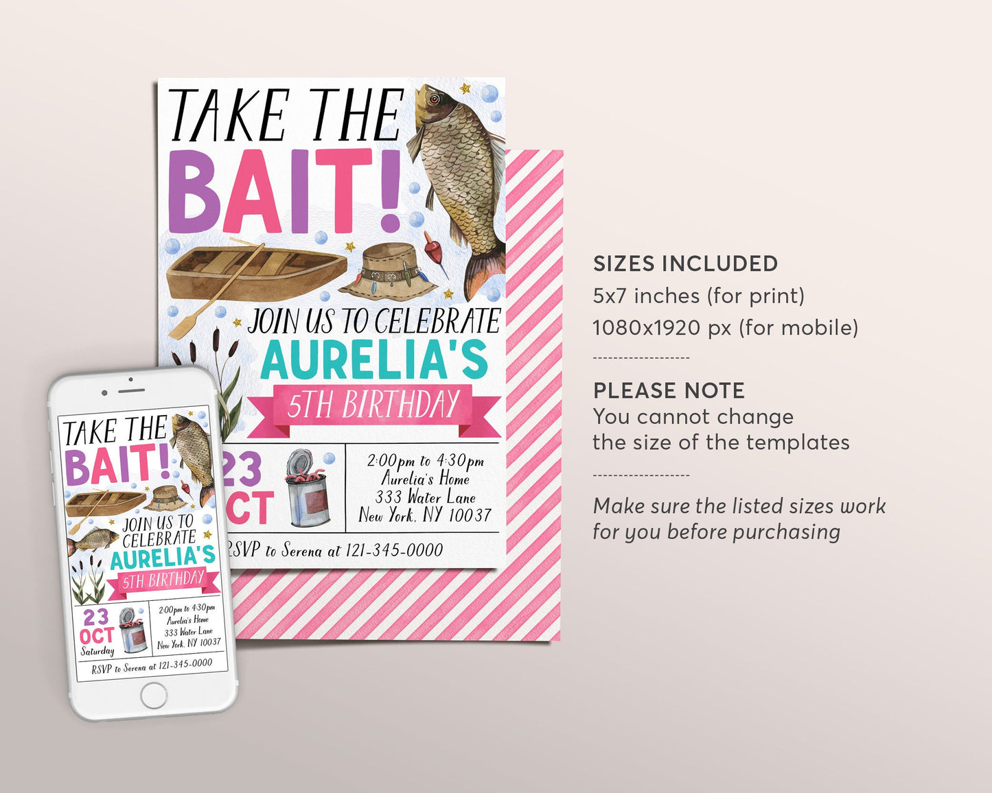 Fishing Birthday Invitation Editable Template, Girl Take The Bait Birthday Party Invite, ANY AGE Fish Party Fishing Reel Evite Printable