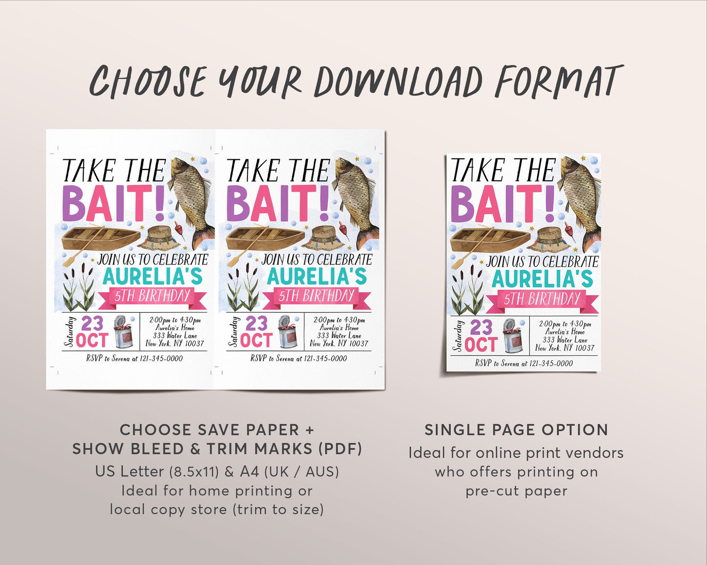 Fishing Birthday Invitation Editable Template, Girl Take The Bait Birthday Party Invite, ANY AGE Fish Party Fishing Reel Evite Printable