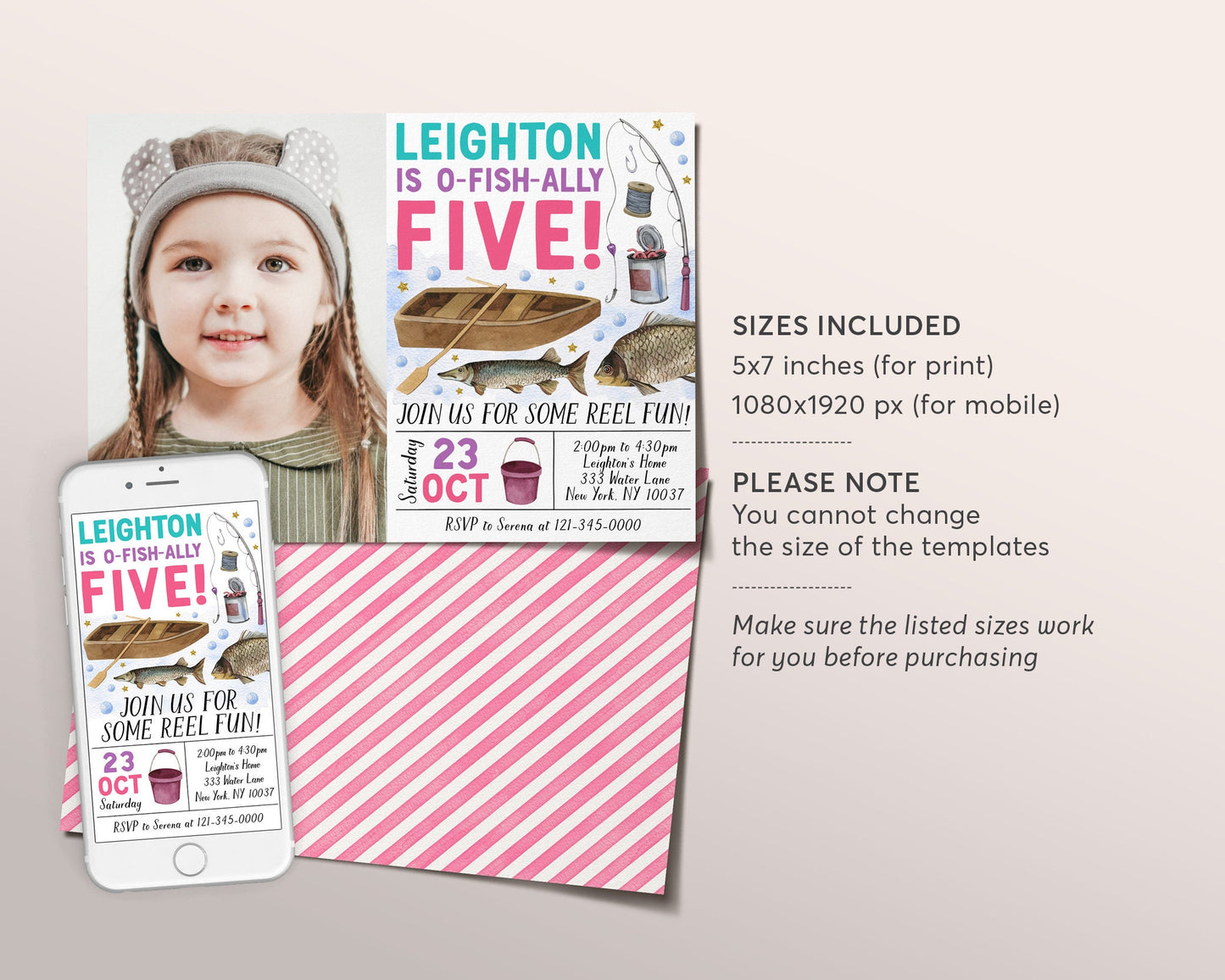 Fishing 5th Birthday Invitation With Photo Editable Template, Girl O Fish Ally Fifth Birthday Party Invite, ANY AGE Ofishally Reel Evite