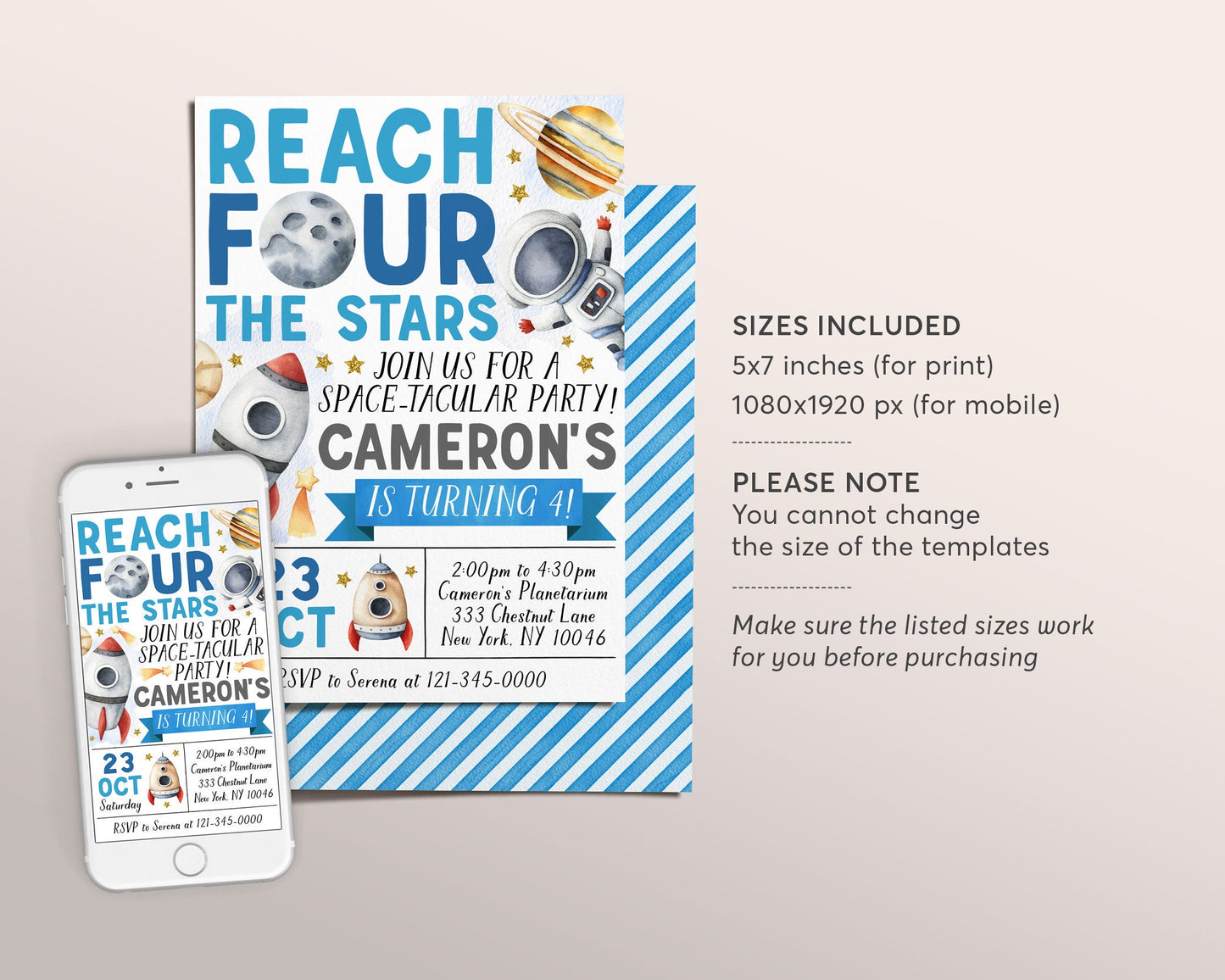 Outer Space 4th Birthday Invitation Editable Template, Boy Reach Four The Stars Fourth Birthday Party Invite, Rocket Ship Planets Evite
