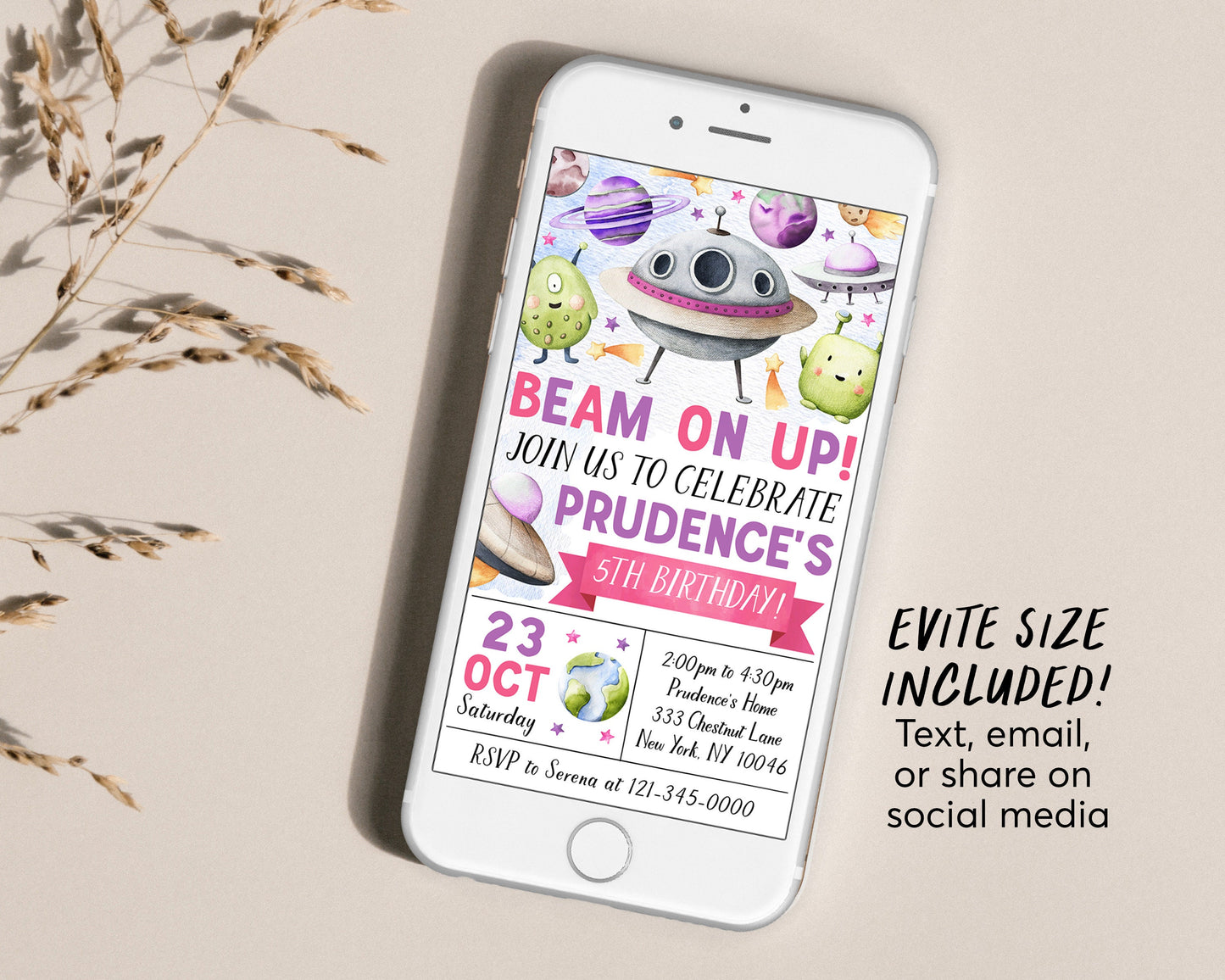 UFO Alien Birthday Invitation Editable Template, Beam On Up Aliens Outer Space Party Invite, Out Of This World Rocket Ship Planets Evite