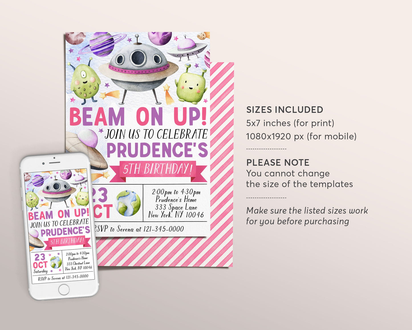 UFO Alien Birthday Invitation Editable Template, Beam On Up Aliens Outer Space Party Invite, Out Of This World Rocket Ship Planets Evite