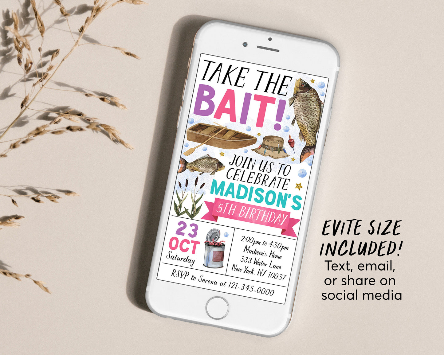 Fishing Birthday Invitation With Photo Editable Template, Girl Take The Bait Birthday Party Invite, ANY AGE Fish Party Fishing Reel Evite