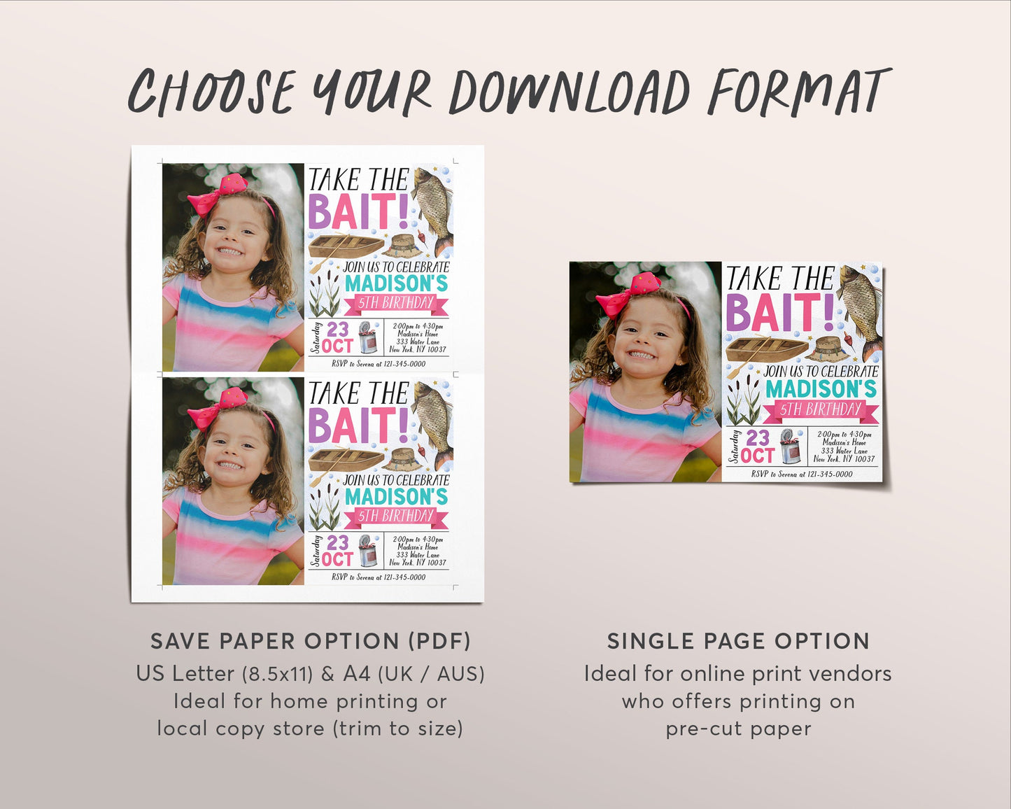 Fishing Birthday Invitation With Photo Editable Template, Girl Take The Bait Birthday Party Invite, ANY AGE Fish Party Fishing Reel Evite