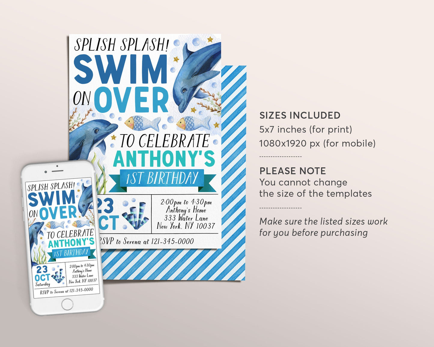 Dolphin Birthday Invitation Editable Template, Dolphin Under The Sea Invite, Boy Swim On Over Theme Ocean Celebration Pool Party Evite
