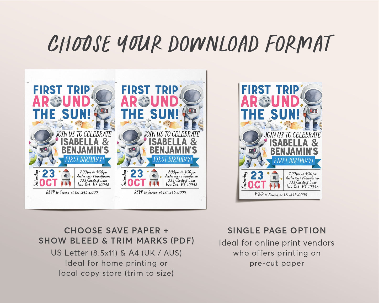 Outer Space First Birthday Joint Twins Siblings Invitation Editable Template, First Trip Around the Sun Party Invite, Astronaut Rocket Ship