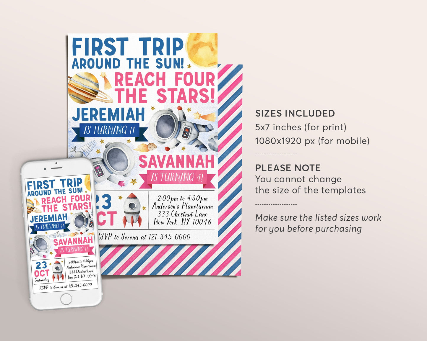 Outer Space Birthday Joint Siblings Invitation Editable Template, Girl Boy Astronauts First Trip Around the Sun Party Invite, Reach Four