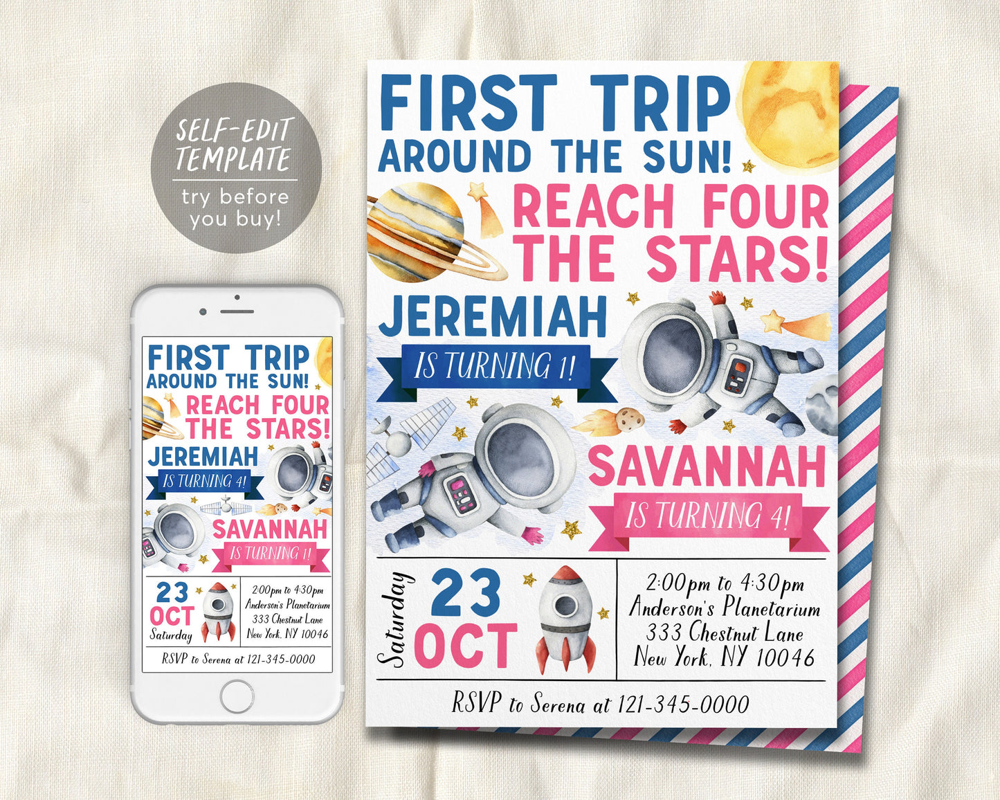 Outer Space Birthday Joint Siblings Invitation Editable Template