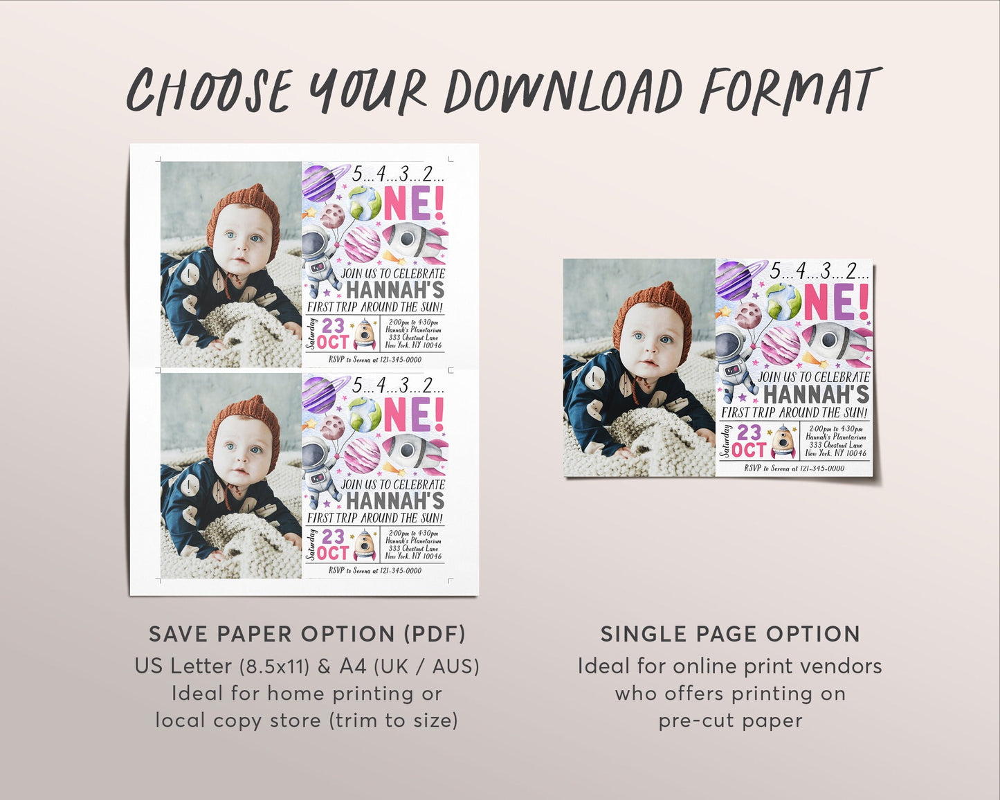 Outer Space First Birthday Invitation With Photo Editable Template, Girl First Trip Around the Sun Party Invite, Astronaut Rocket Ship Evite