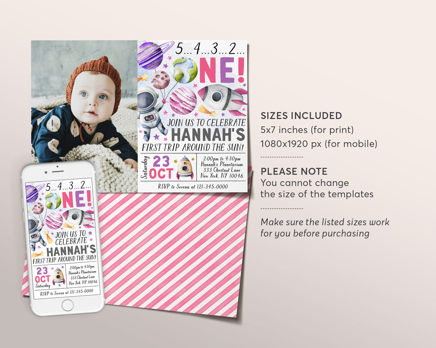 Outer Space First Birthday Invitation With Photo Editable Template, Girl First Trip Around the Sun Party Invite, Astronaut Rocket Ship Evite